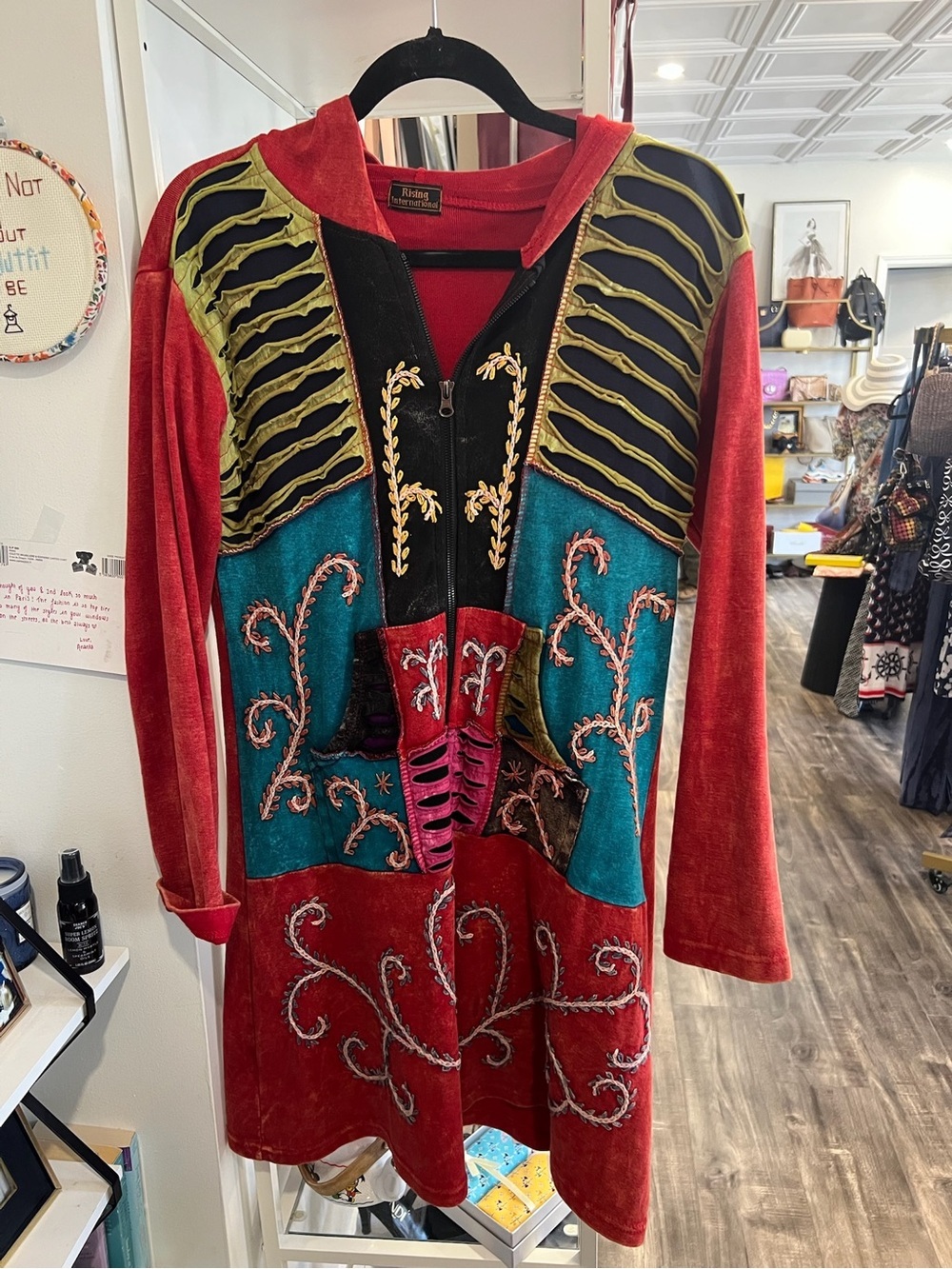 Rising International Multicolor Embroidered Red, Teal & Black Long Jacket
